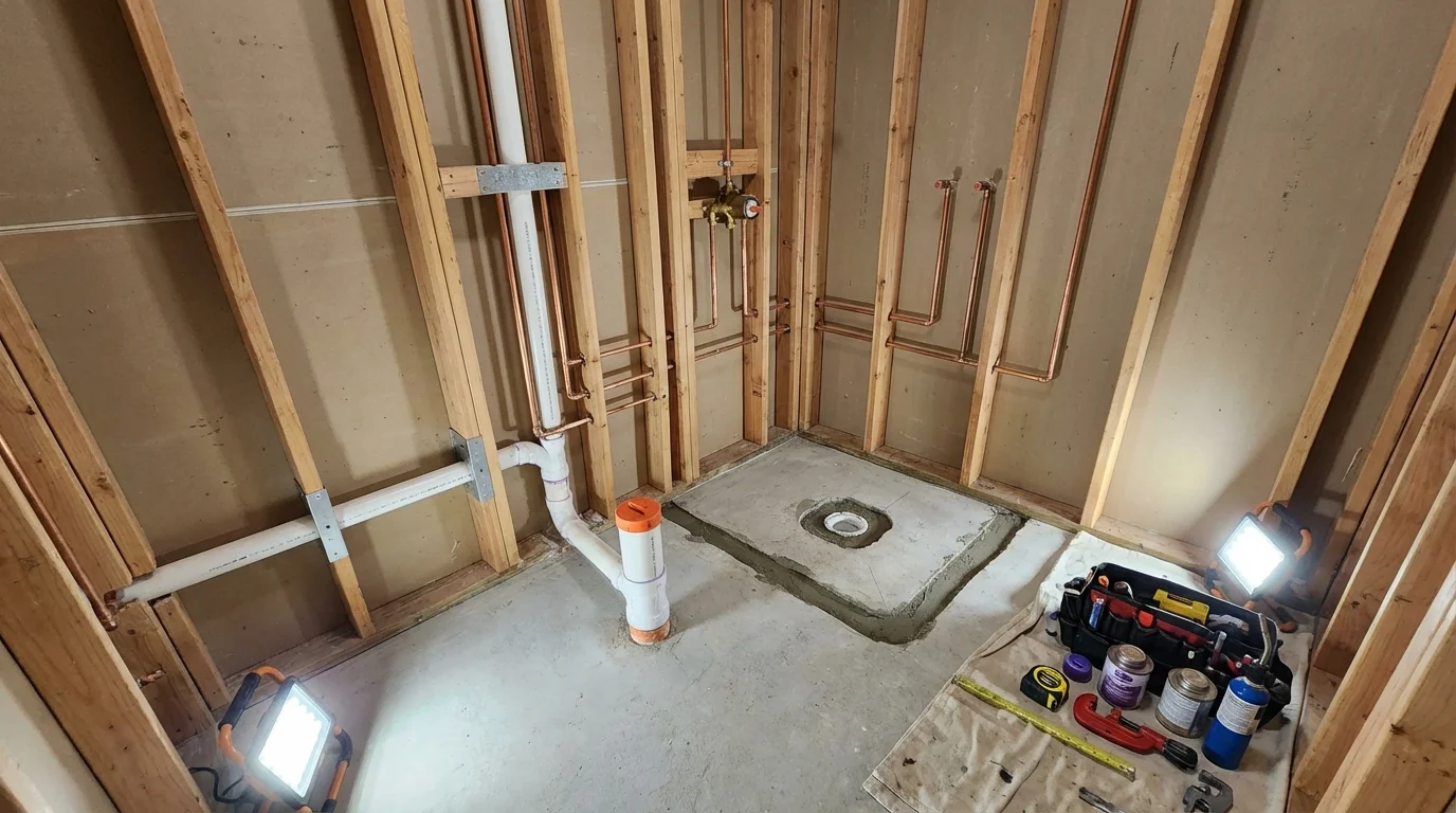 Bathroom rough-in plumbing during remodel by Johns Plumbing LLC in Winston