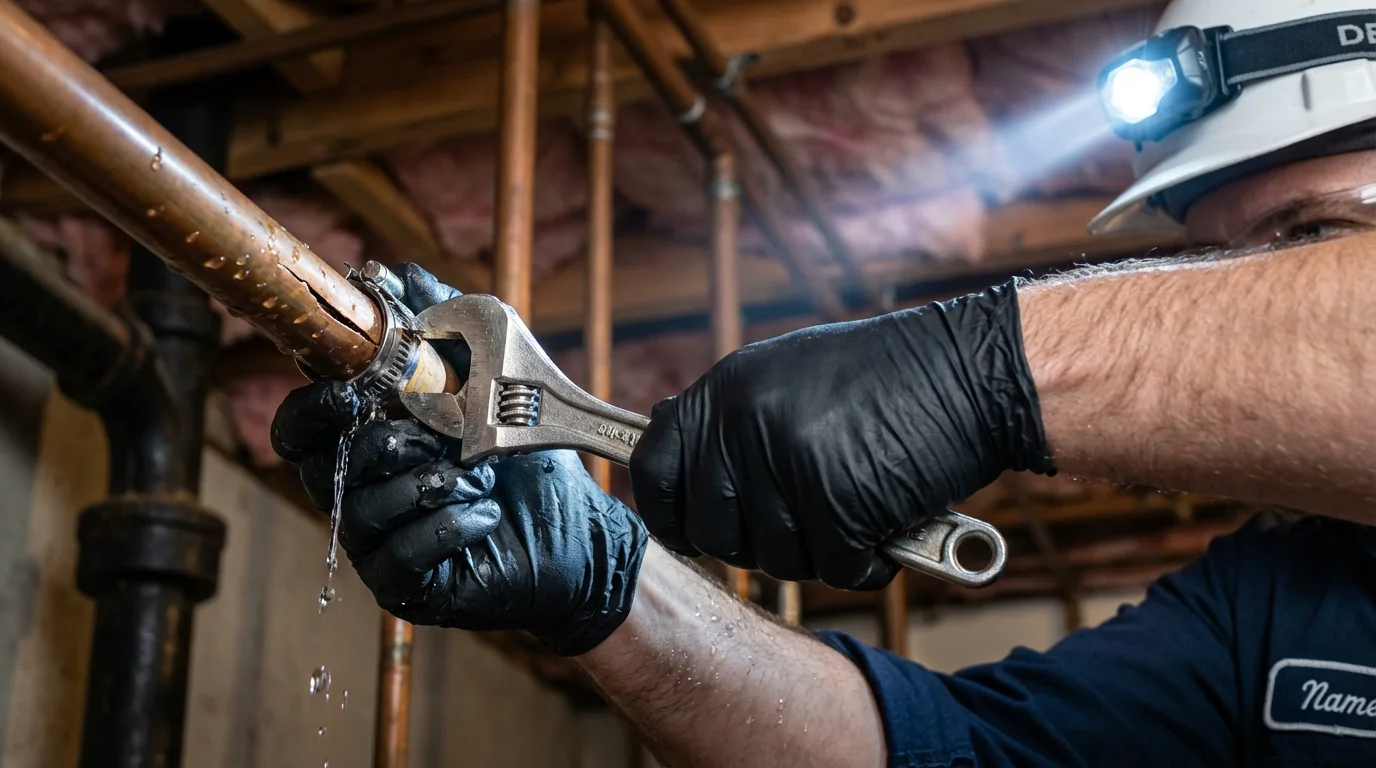 Emergency pipe clamp repair being performed by a Johns Plumbing LLC plumber in Winston