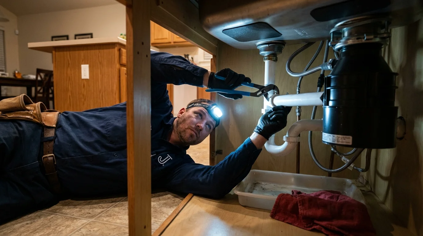 P-trap and supply line connections under a kitchen sink showing a common leak point in Winston, OR